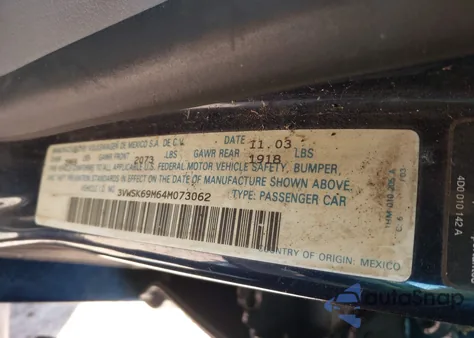 2004 Volkswagen Jetta Gls 2.0L from USA, damaged, VIN 3VWSK69M64M073062